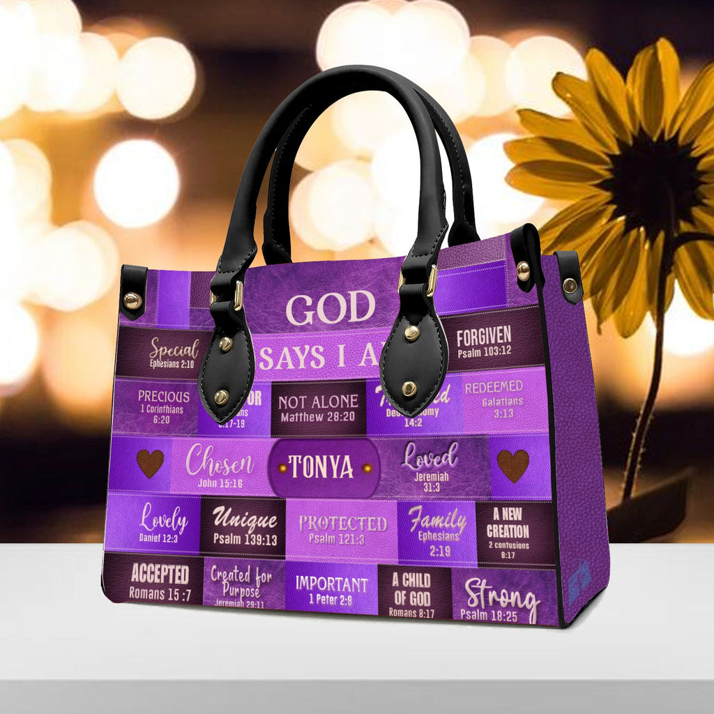 God Says I Am Personalized Purple Leather Handbag