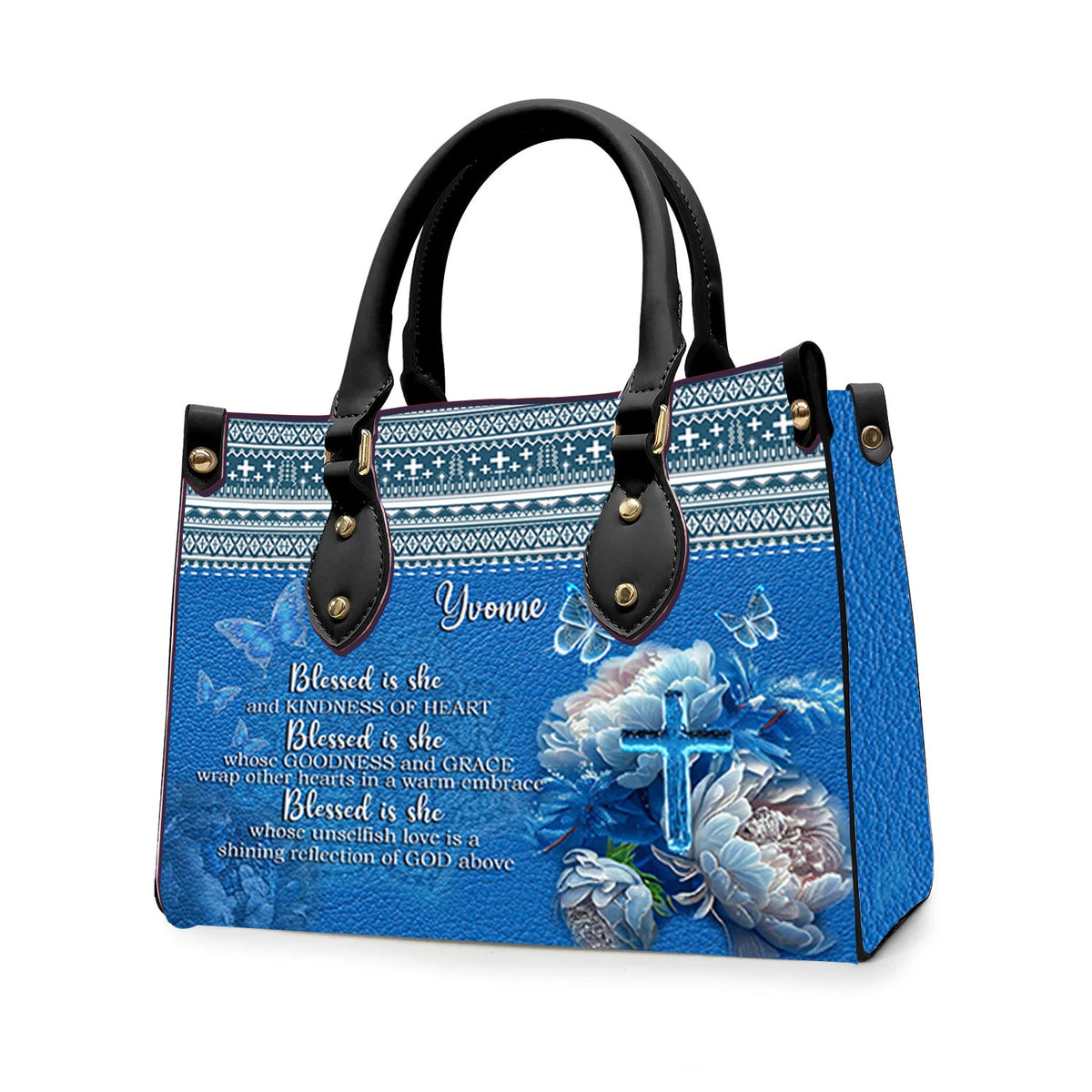 Blessed Is She Personalized Blue Leather Handbag