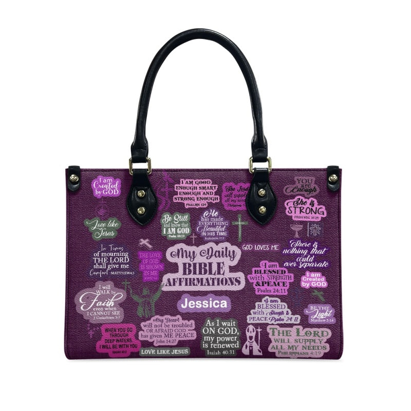 Daily Bible Affirmations Purple Leather Handbag