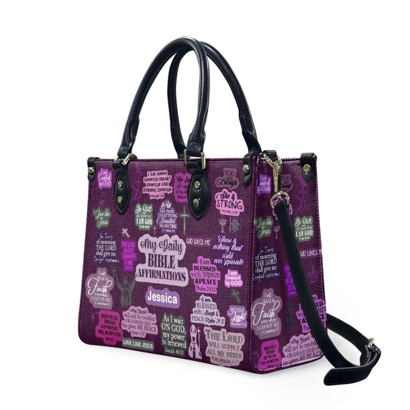 Daily Bible Affirmations Purple Leather Handbag