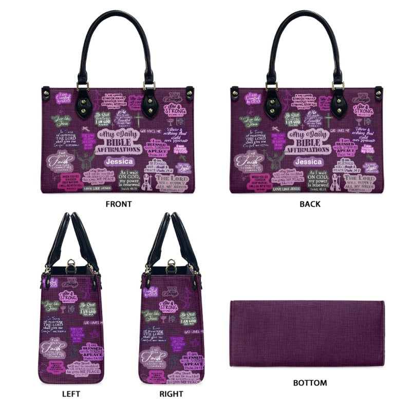 Daily Bible Affirmations Purple Leather Handbag
