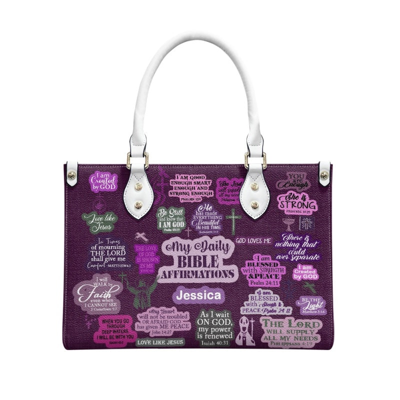 Daily Bible Affirmations Purple Leather Handbag