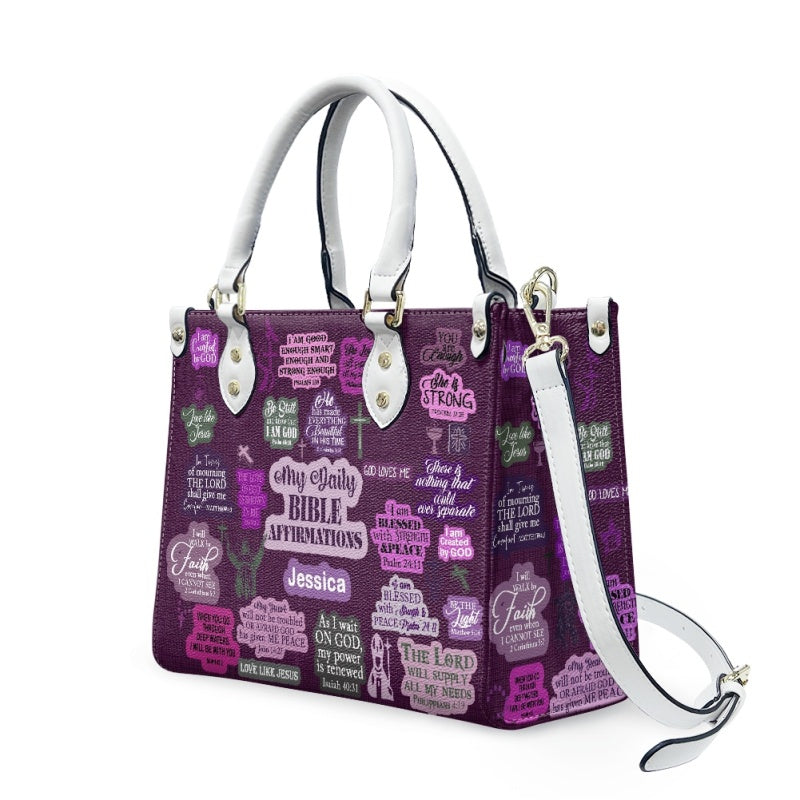 Daily Bible Affirmations Purple Leather Handbag