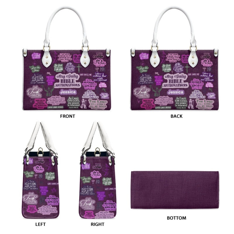 Daily Bible Affirmations Purple Leather Handbag