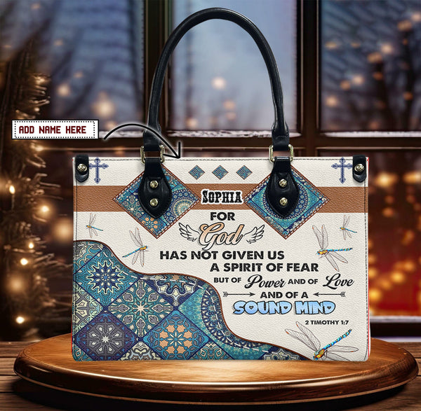 2 Timothy 1:7 Dragonfly Mandala Leather Handbag