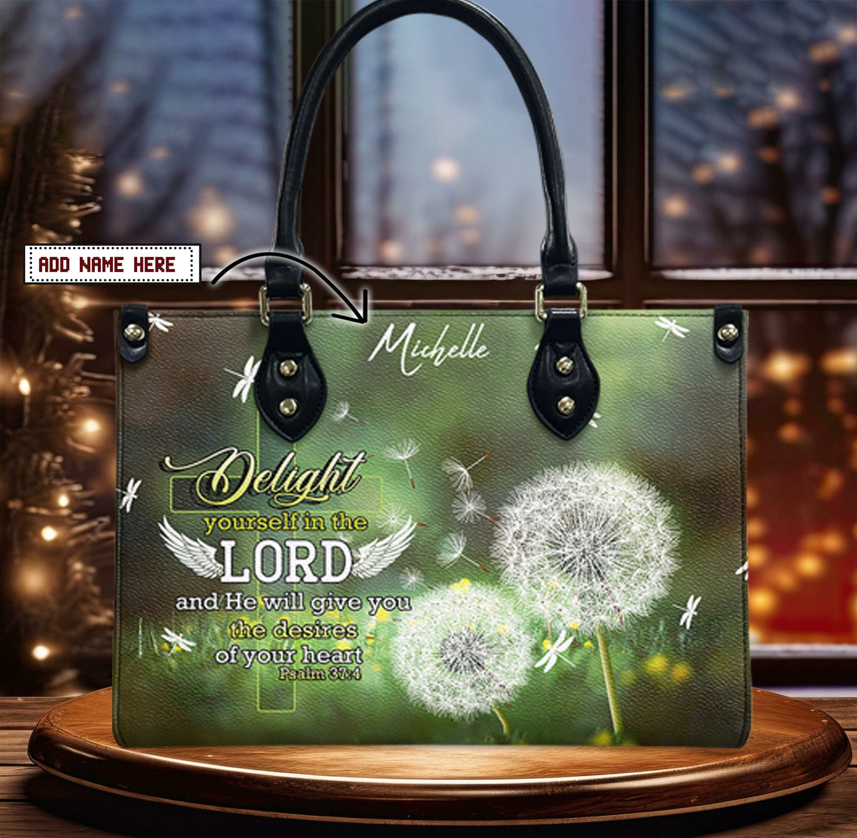 Psalm 37:4 Dragonfly Dandelion Leather Handbag