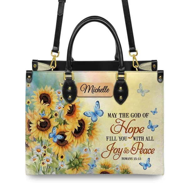 Romans 15:13 Butterfly Sunflower Leather Handbag