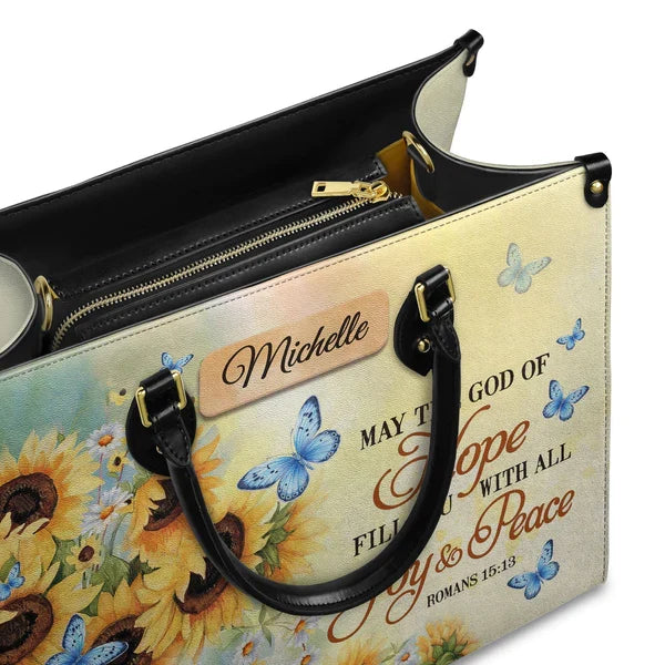 Romans 15:13 Butterfly Sunflower Leather Handbag