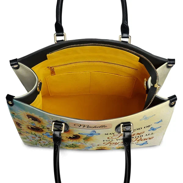 Romans 15:13 Butterfly Sunflower Leather Handbag