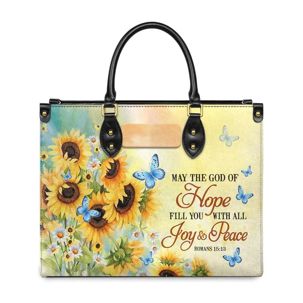 Romans 15:13 Butterfly Sunflower Leather Handbag