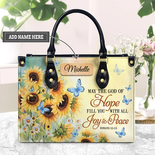 Romans 15:13 Butterfly Sunflower Leather Handbag