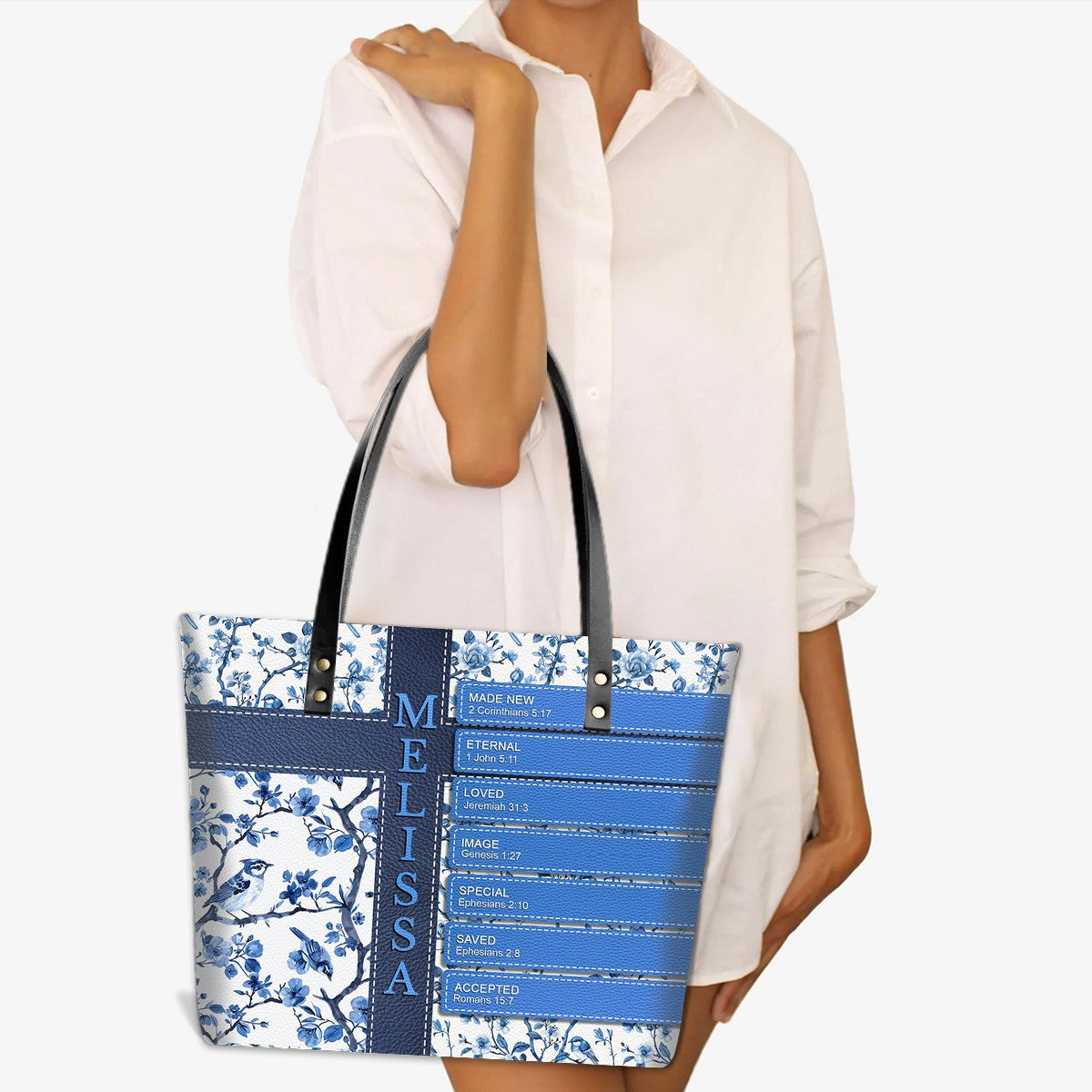 Custom Name Bible Verse Leather Tote Bag