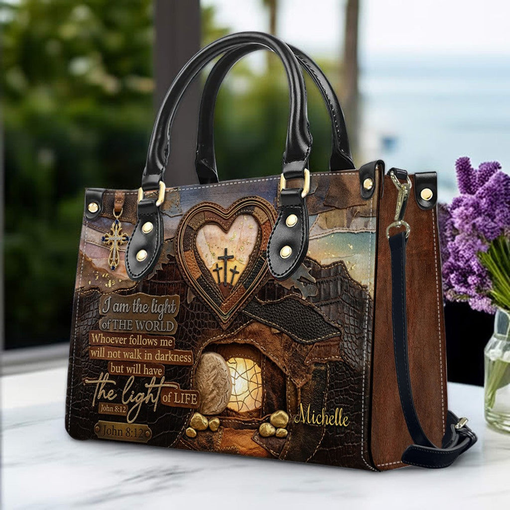 Personalized John 8:12 Scripture Leather Tote