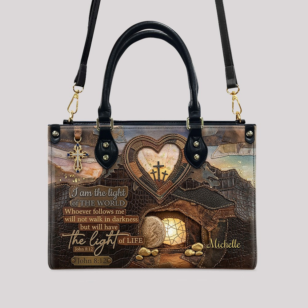Personalized John 8:12 Scripture Leather Tote