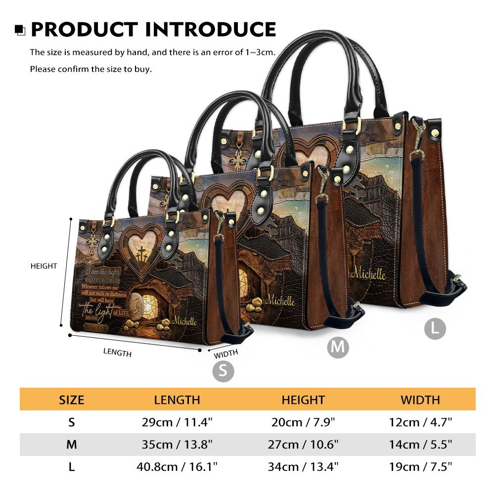 Personalized John 8:12 Scripture Leather Tote