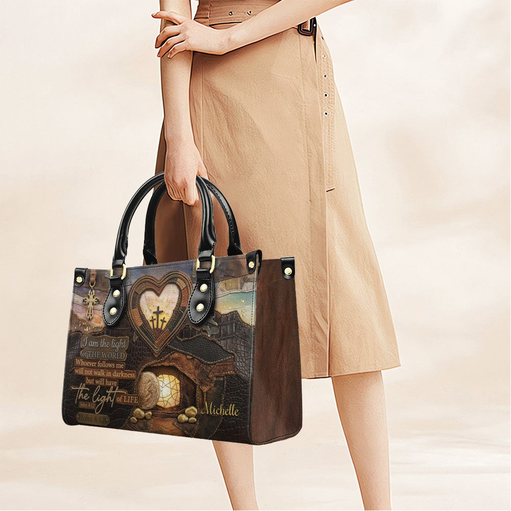 Personalized John 8:12 Scripture Leather Tote