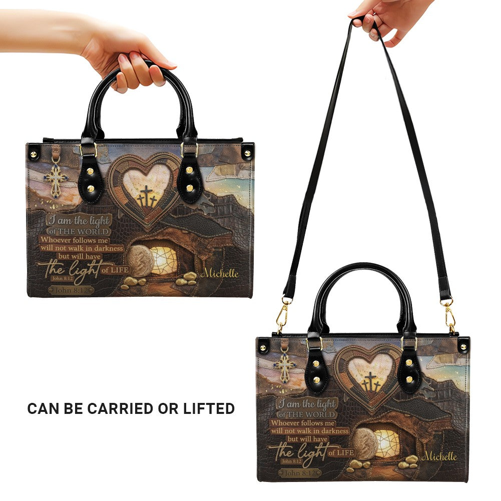 Personalized John 8:12 Scripture Leather Tote