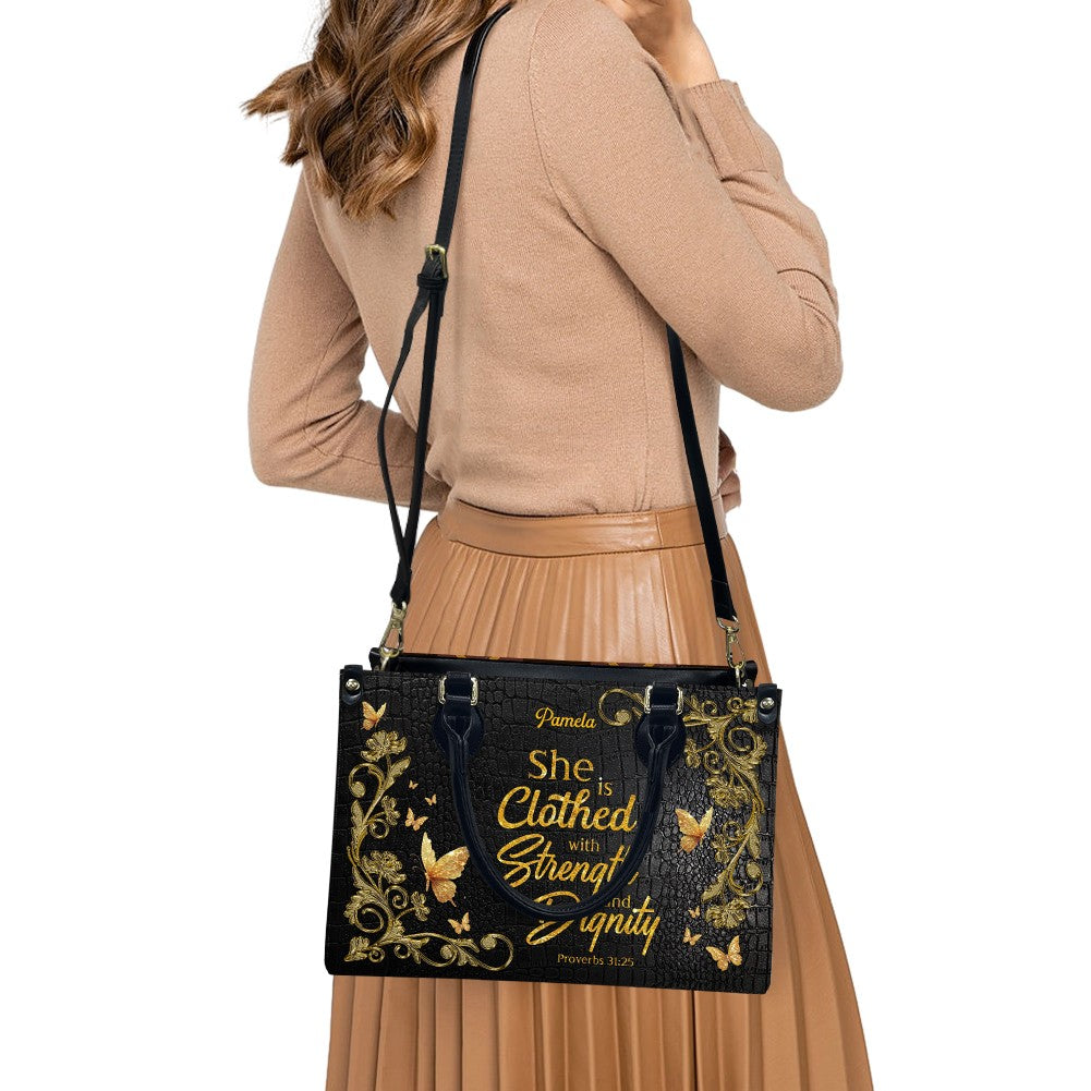 Personalized Proverbs 31:25 Leather Handbag