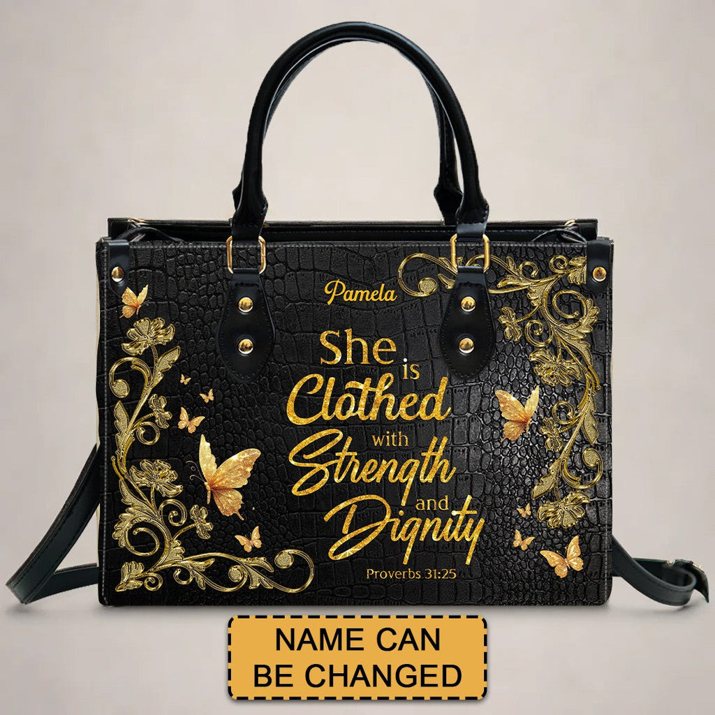 Personalized Proverbs 31:25 Leather Handbag