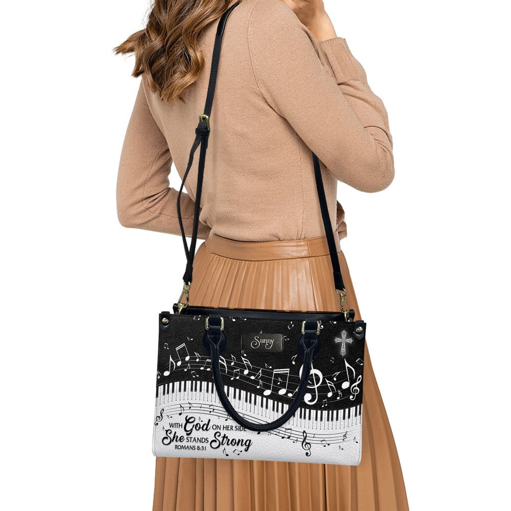 She Stands Strong Romans 8:31 Leather Handbag