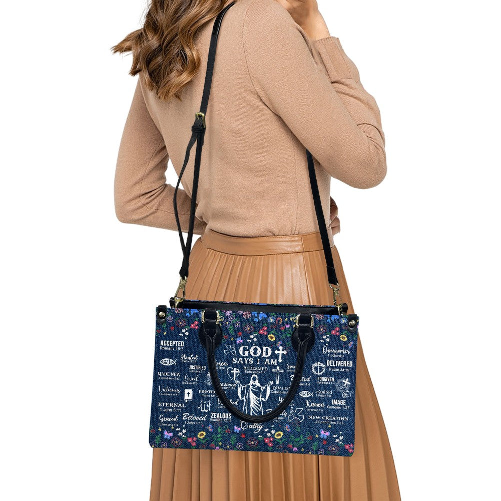 God Says I Am Personalized Leather Handbag