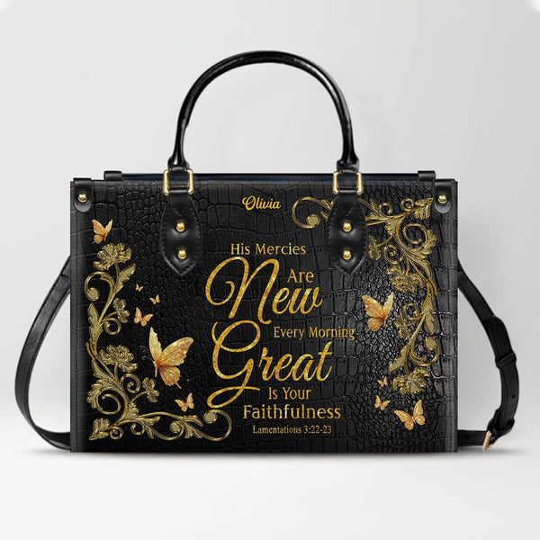His Mercies Are New Personalized Leather Tote