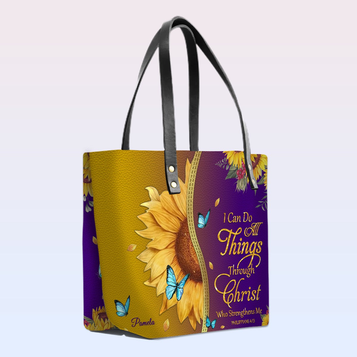 Personalized Bible Verse Sunflower Leather Tote