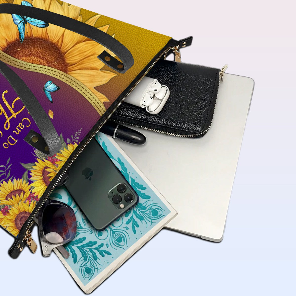 Personalized Bible Verse Sunflower Leather Tote