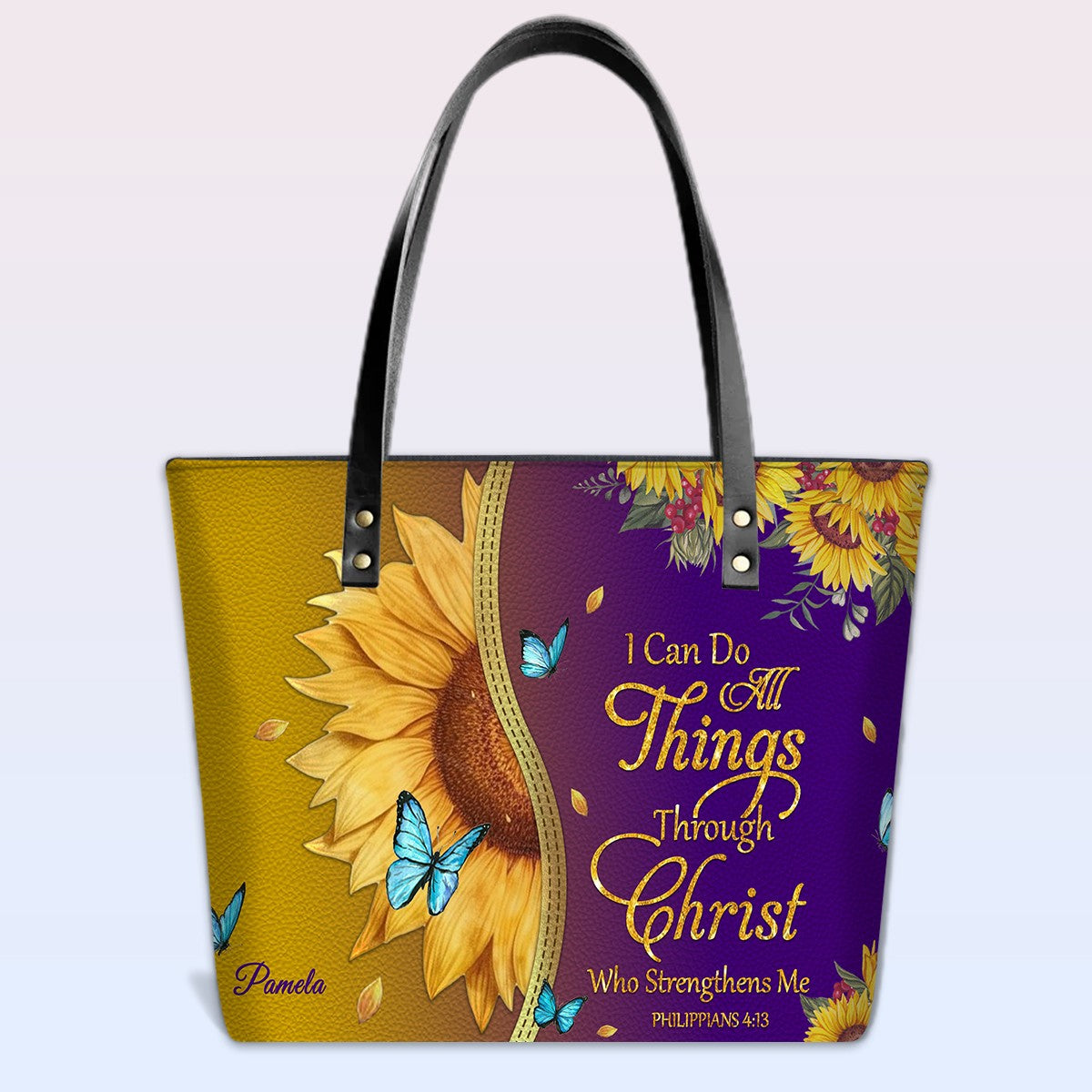 Personalized Bible Verse Sunflower Leather Tote