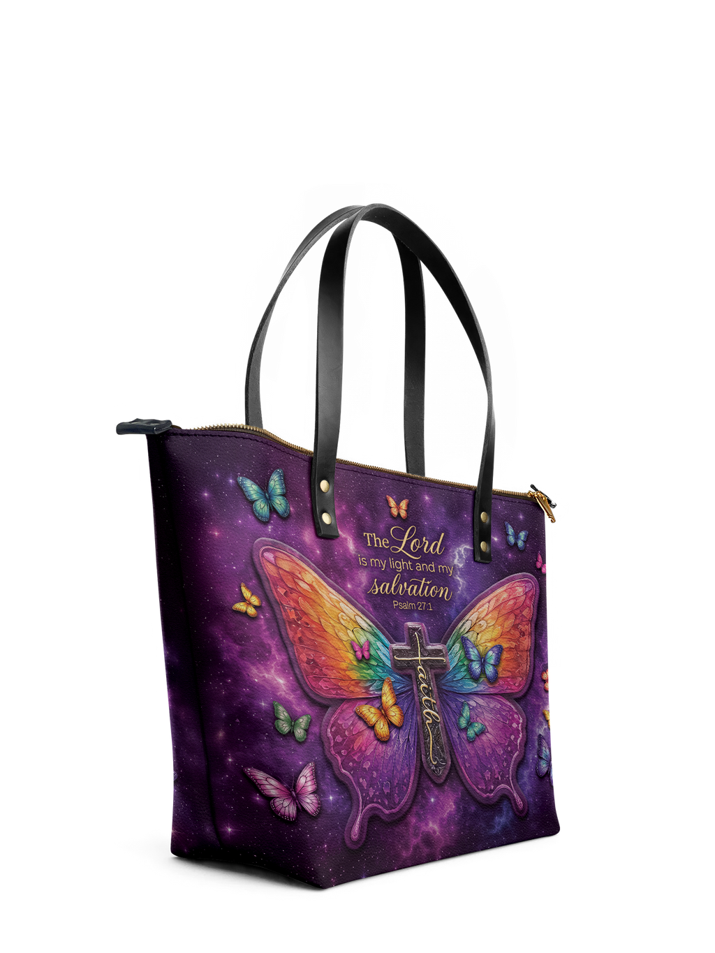 My Light Psalm 27:1 Leather Tote Bag