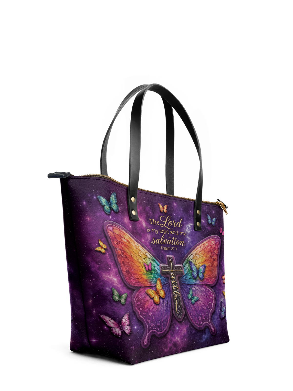 My Light Psalm 27:1 Leather Tote Bag
