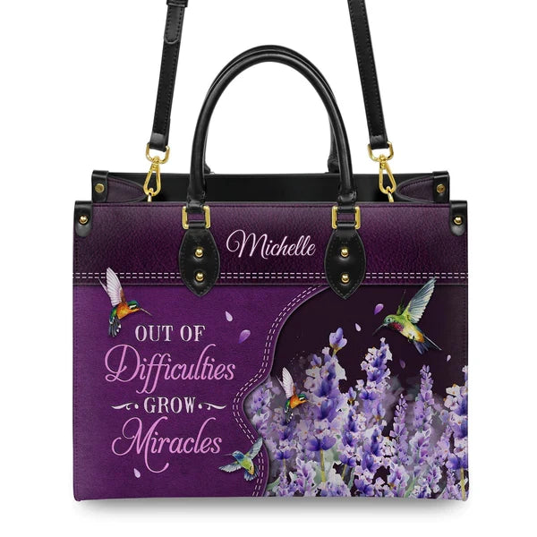 Hummingbird Miracle 1 Peter 5:10 Leather Handbag