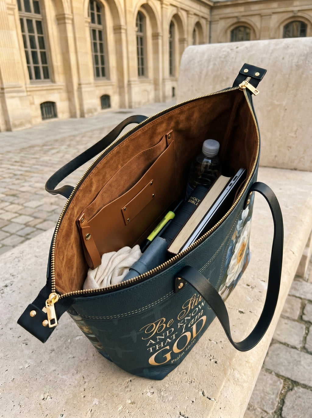 Psalm 46:10 Peace Scripture Leather Tote Bag