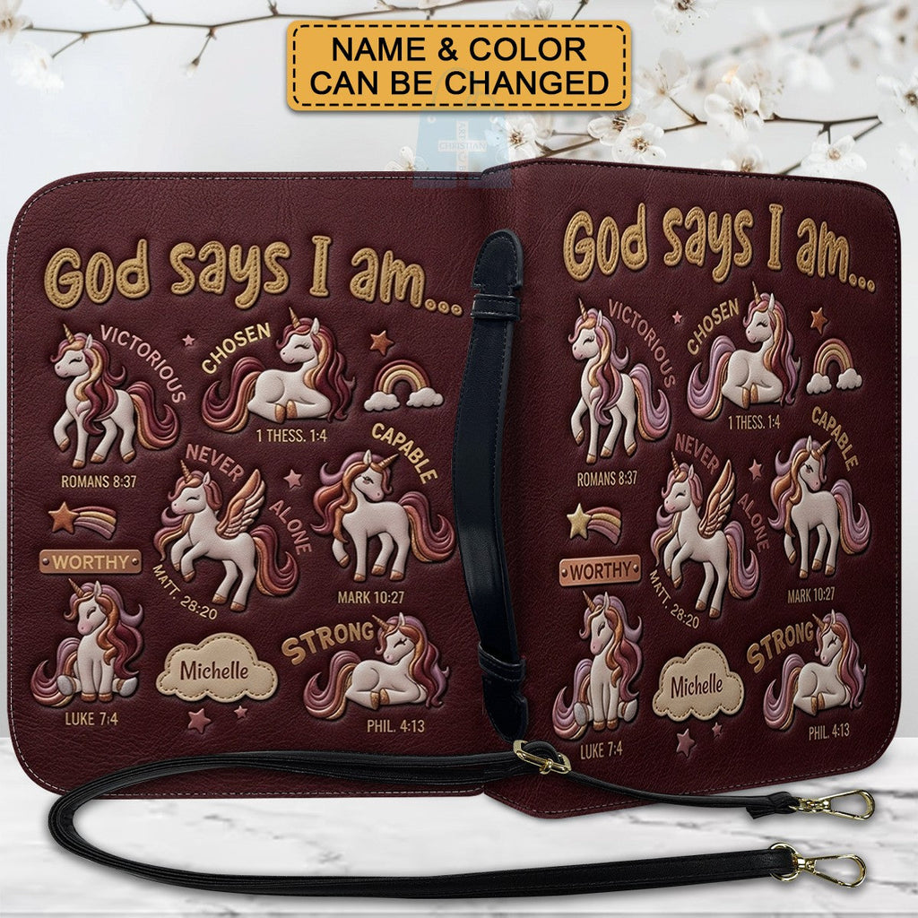 Personalized Unicorn "God Says I Am" Leather Bible Cover