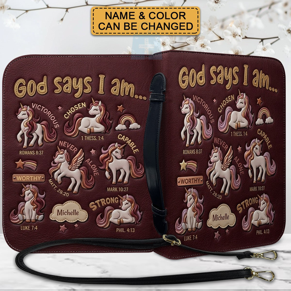 Personalized Unicorn "God Says I Am" Leather Bible Cover