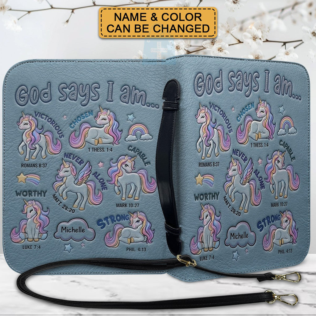 Personalized Unicorn "God Says I Am" Leather Bible Cover