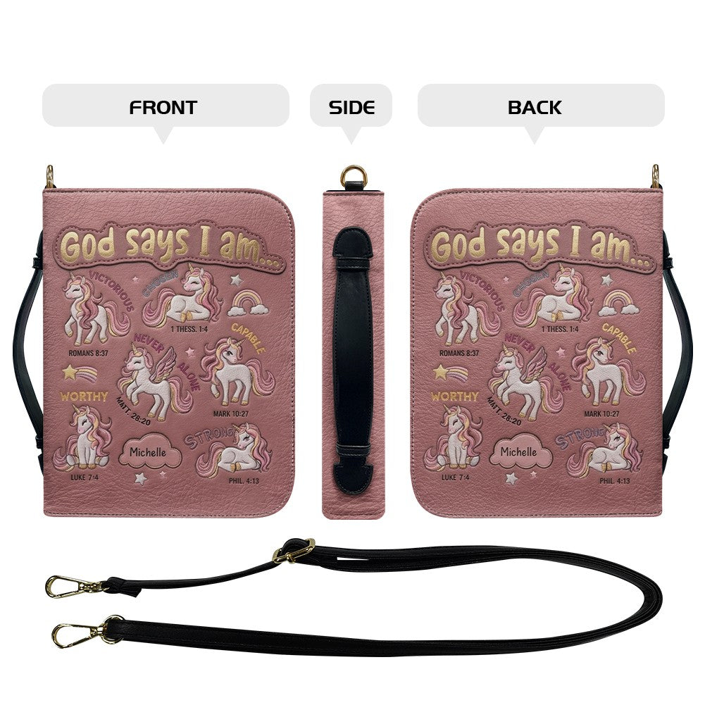 Personalized Unicorn "God Says I Am" Leather Bible Cover