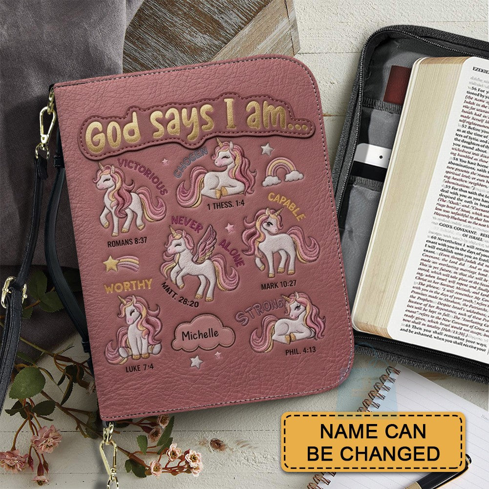 Personalized Unicorn "God Says I Am" Leather Bible Cover