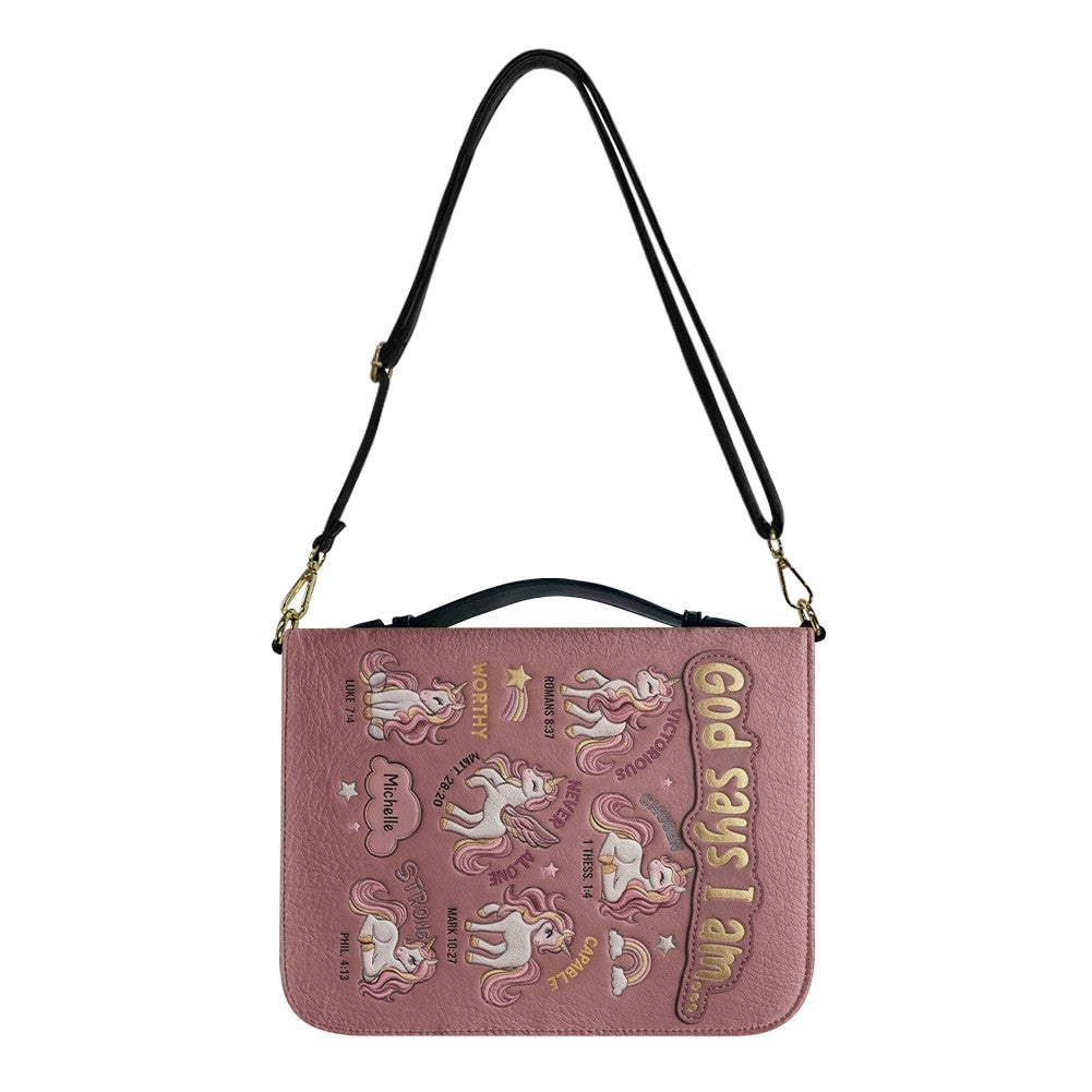 Personalized Unicorn "God Says I Am" Leather Bible Cover