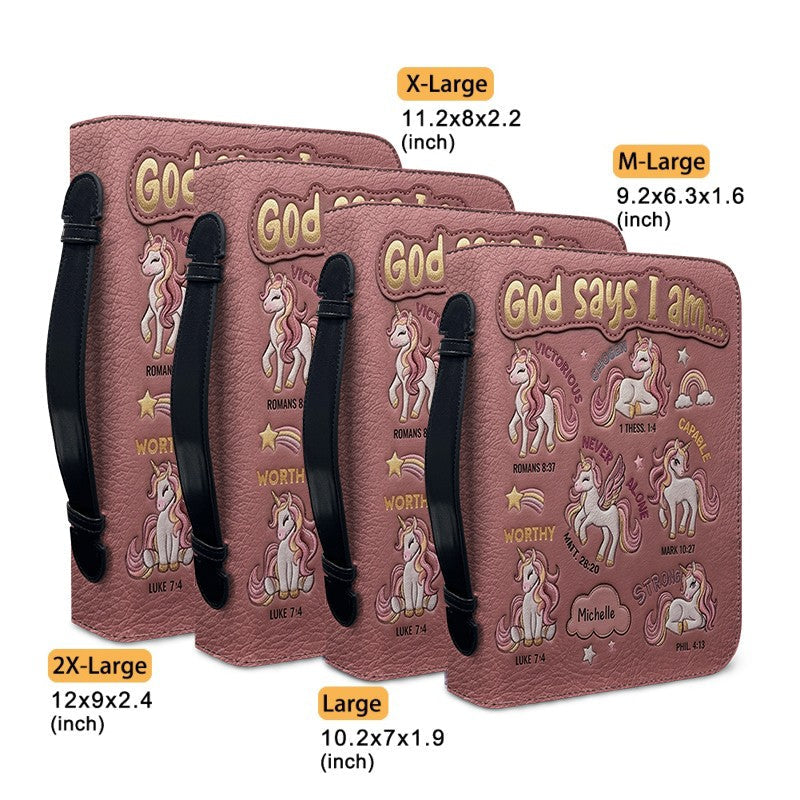 Personalized Unicorn "God Says I Am" Leather Bible Cover