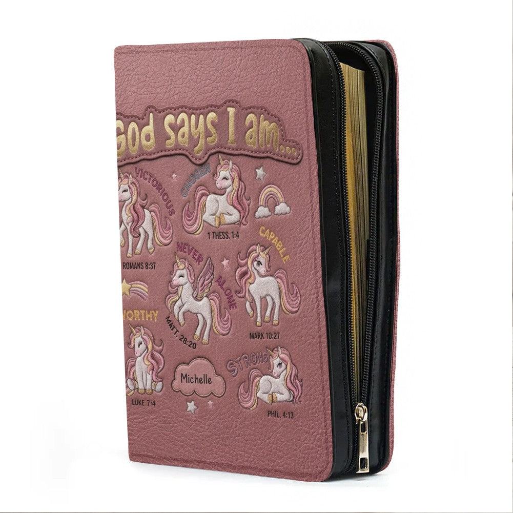 Personalized Unicorn "God Says I Am" Leather Bible Cover
