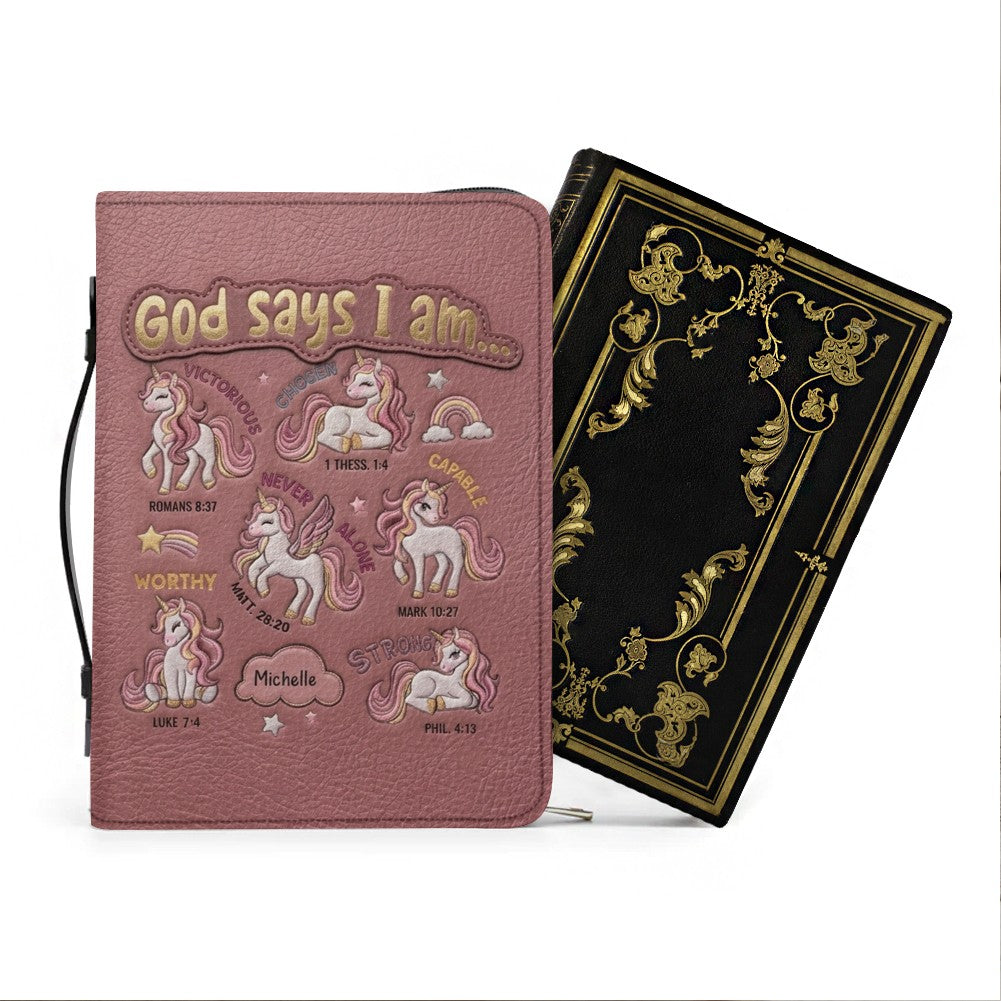 Personalized Unicorn "God Says I Am" Leather Bible Cover