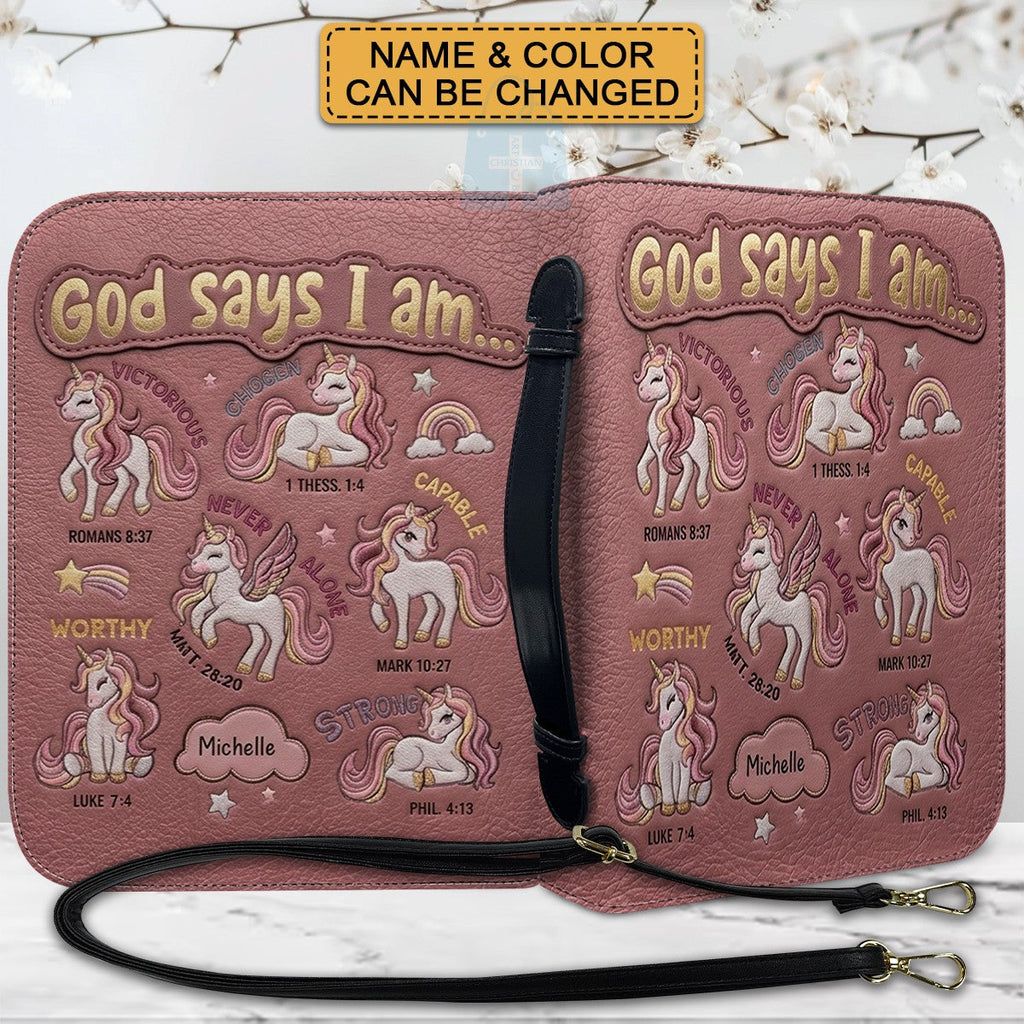 Personalized Unicorn "God Says I Am" Leather Bible Cover