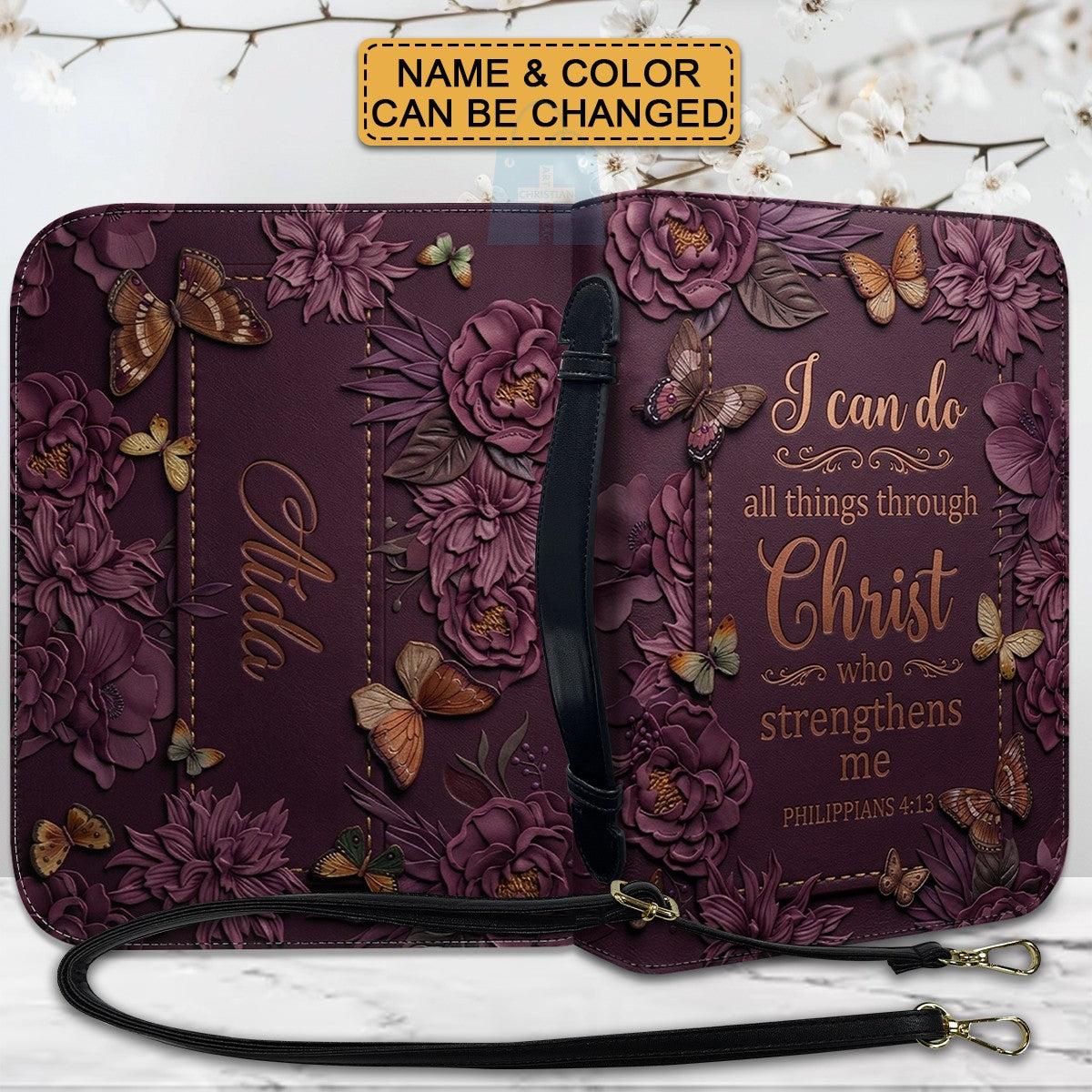 Personalized Burgundy "I Can Do All Things" Leather Bible Cover