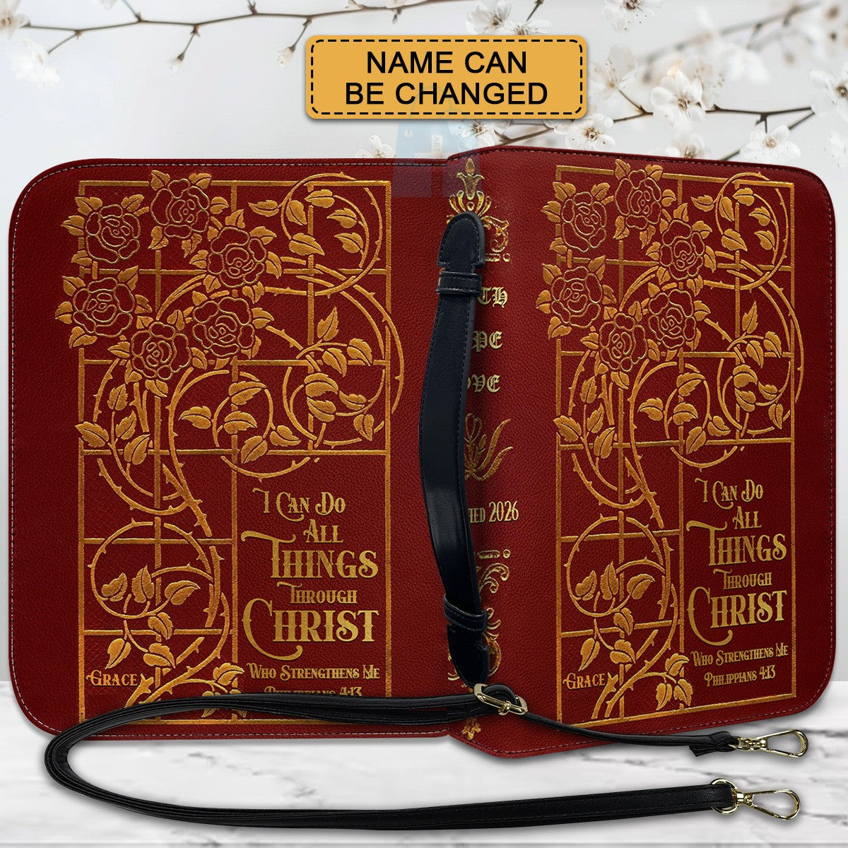 Custom Floral Leather Bible Case with Name