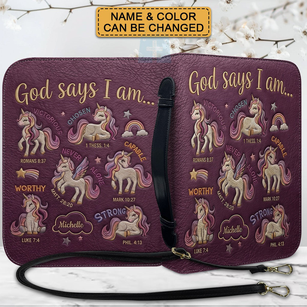Personalized Unicorn "God Says I Am" Leather Bible Cover