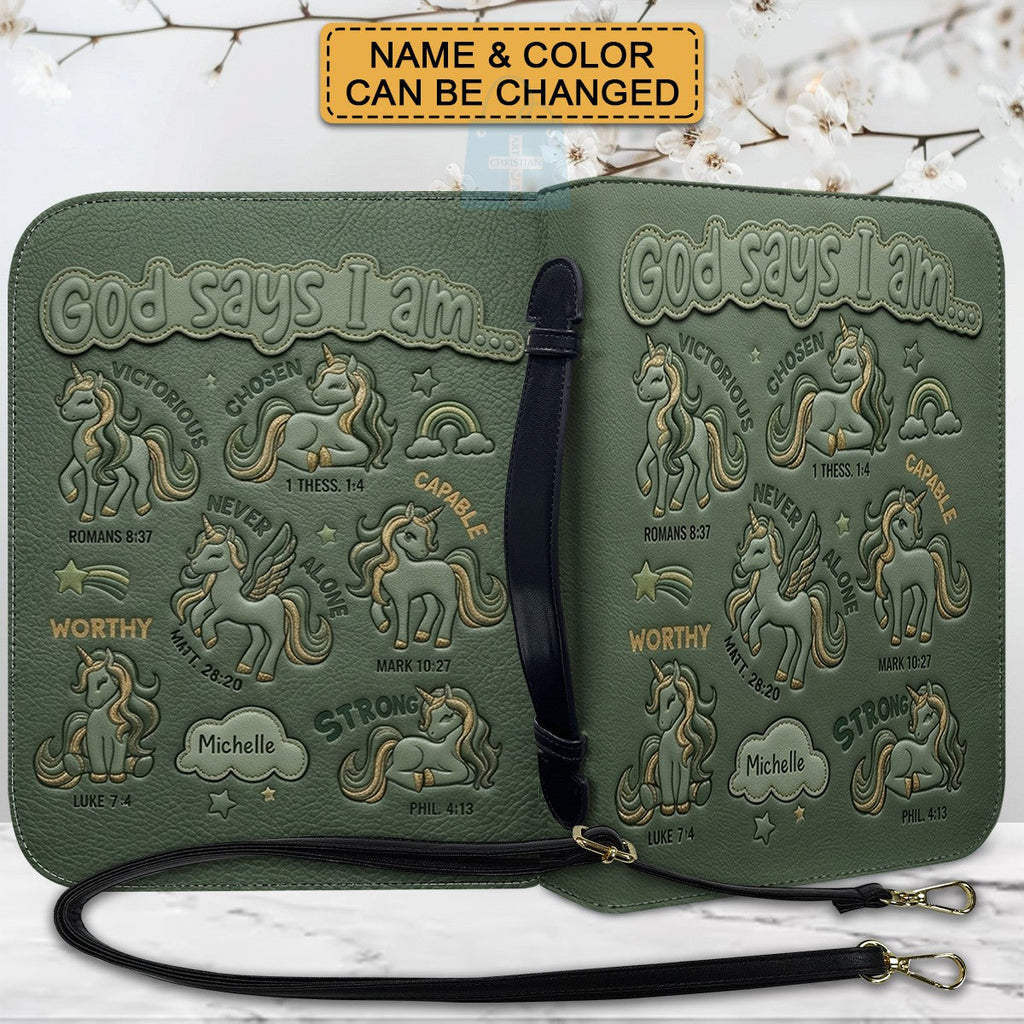Personalized Unicorn "God Says I Am" Leather Bible Cover