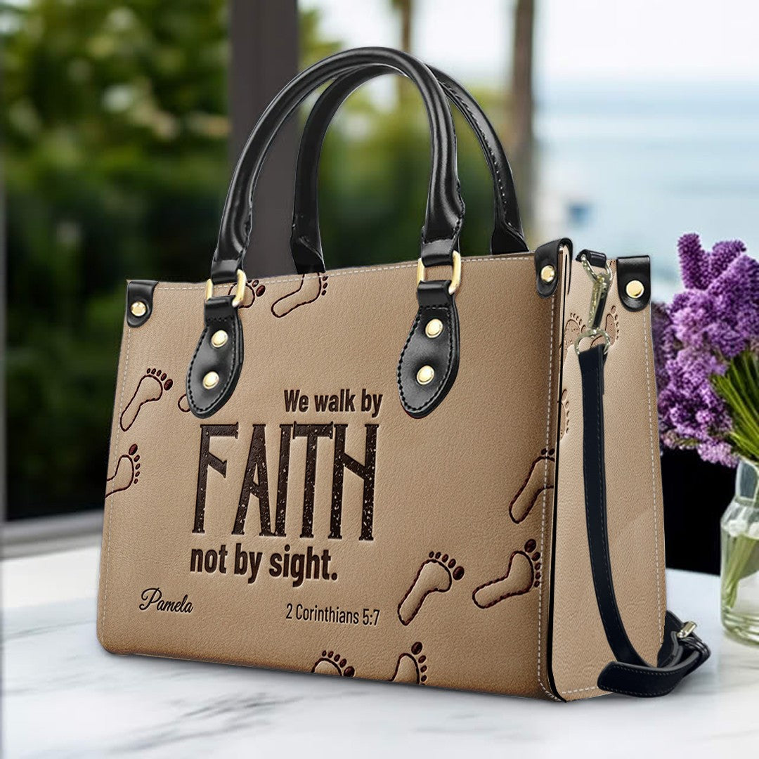 Personalized We Walk By Faith Leather Tote