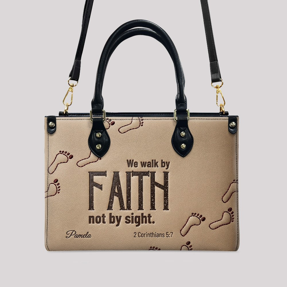 Personalized We Walk By Faith Leather Tote