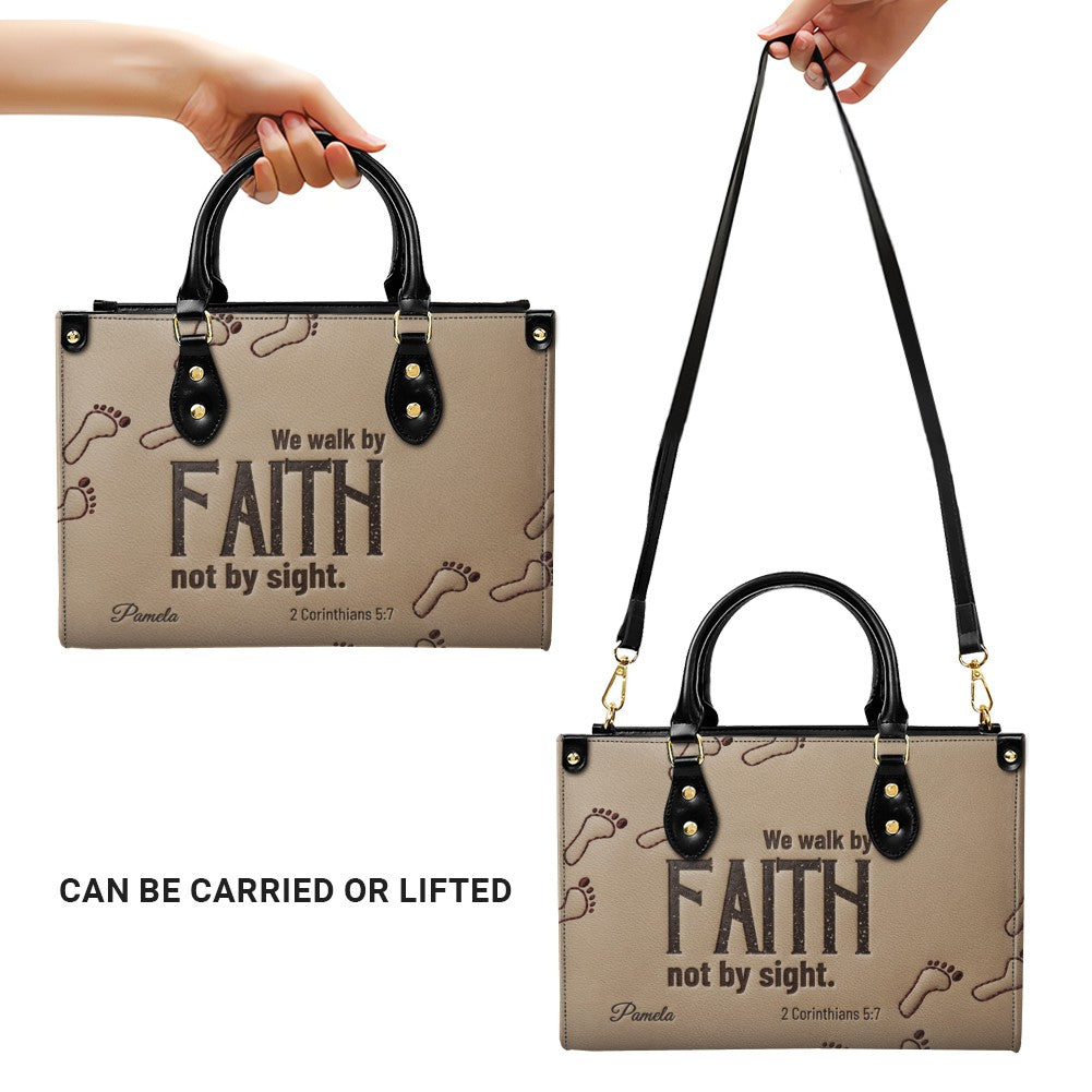Personalized We Walk By Faith Leather Tote